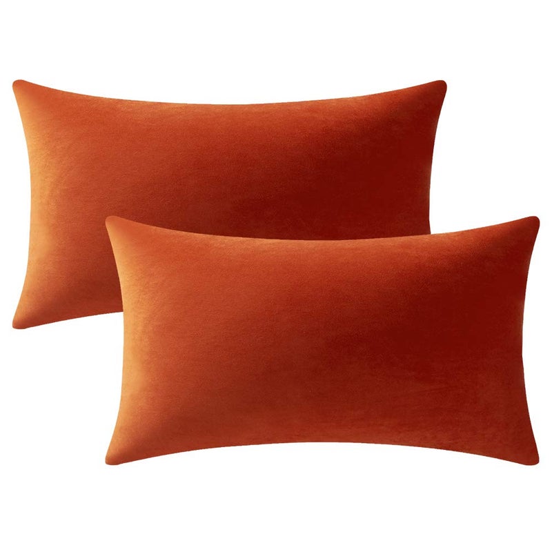 DEZENE Lumbar Pillow Covers 12x20 Burnt Orange: Pack of 2 Cozy Soft Velvet Rectangular Modern Luxury Decorative Throw Pillow Cases for Sofa Couch Living Room Bed Home Decor - Image 1